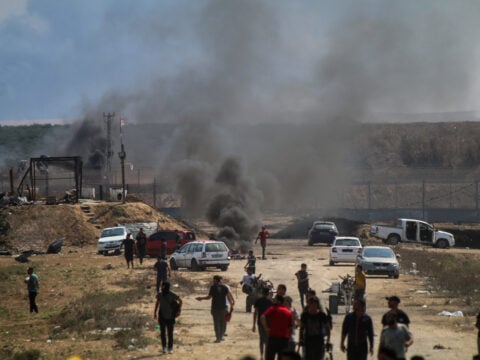 A bicycle was targeted and two young Palestinian militants were killed near the border fence between the Gaza Strip and Israel on October 7, 2023 in Gaza.
