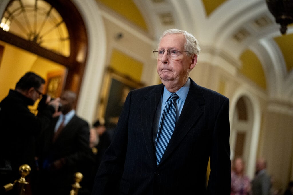 U.S. Senate Minority Leader Mitch McConnell (R-KY) arrives for a news conference following the weekly Senate Republican policy luncheon at the U.S. Capitol on November 19, 2024 in Washington, DC.