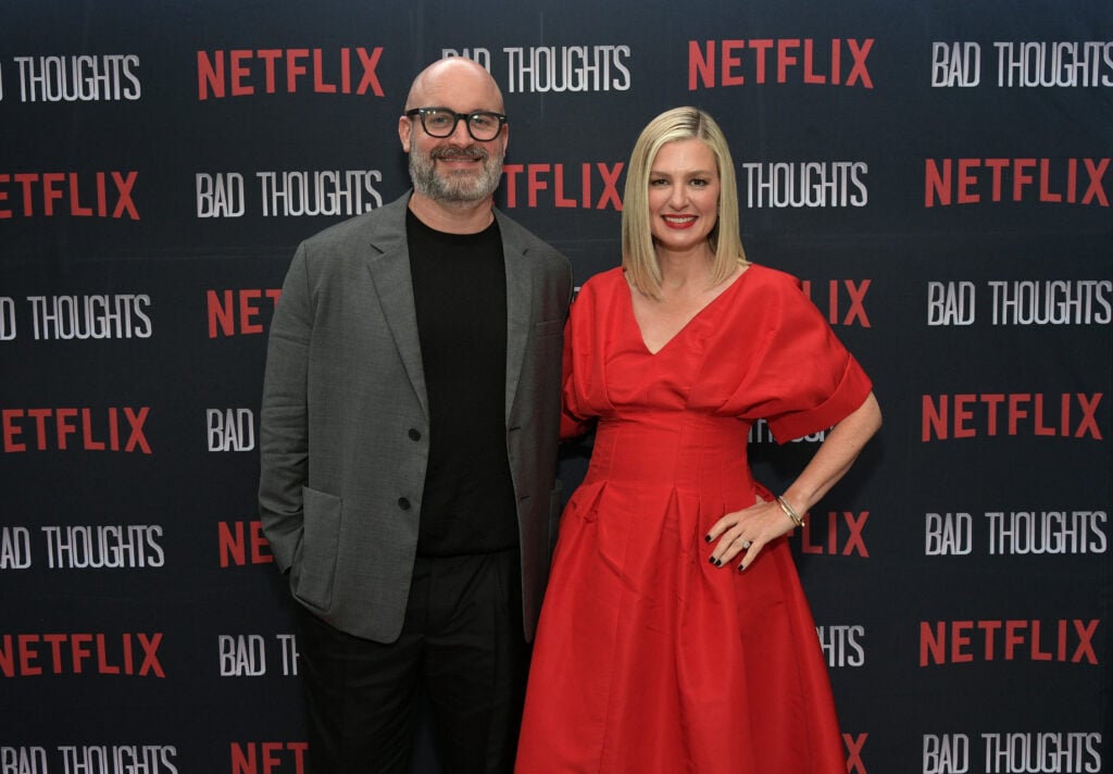 Tom Segura and Christina Pazsitzky attend LA Premiere of Tom Segura's Netflix Series 'Bad Thoughts' at Braindead Studios on May 06, 2025 in Los Angeles, California. 