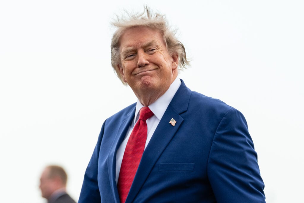 U.S. President Donald Trump walks off of Air Force One at Newark Liberty International Airport on August 7, 2026 in Newark, New Jersey.
