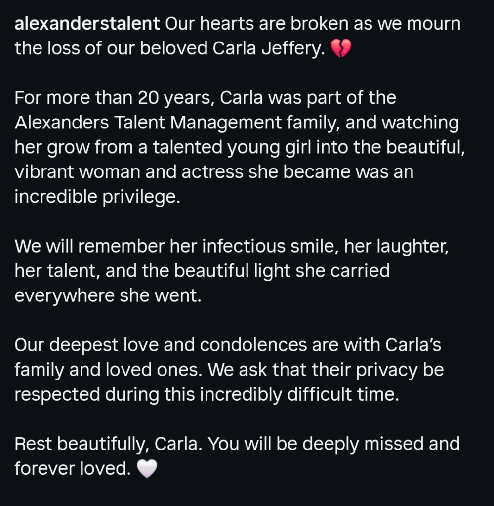 A dark mode instagram screenshot showing a caption sharing the death of Carla Jeffery and mourning her.