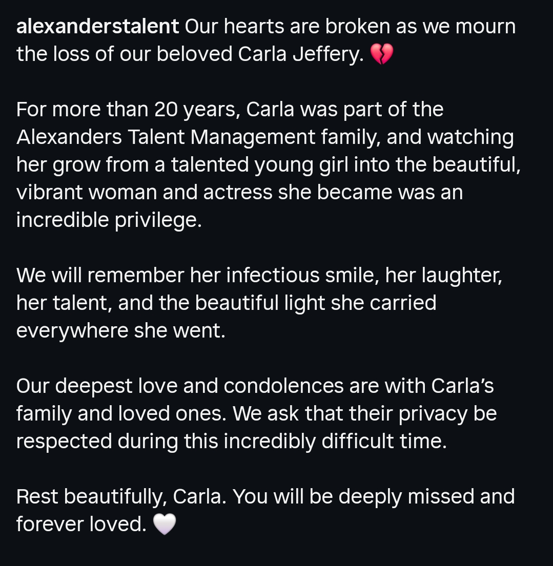 A dark mode instagram screenshot showing a caption sharing the death of Carla Jeffery and mourning her.