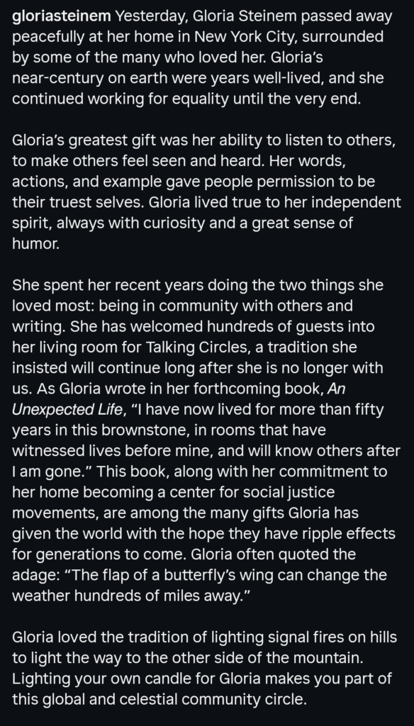A dark mode screenshot of an Instagram caption announcing the death of Gloria Steinem.