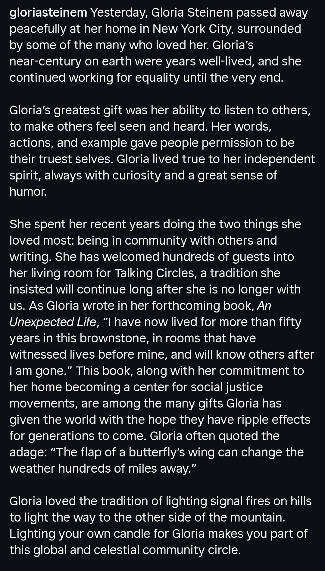 A dark mode screenshot of an Instagram caption announcing the death of Gloria Steinem.
