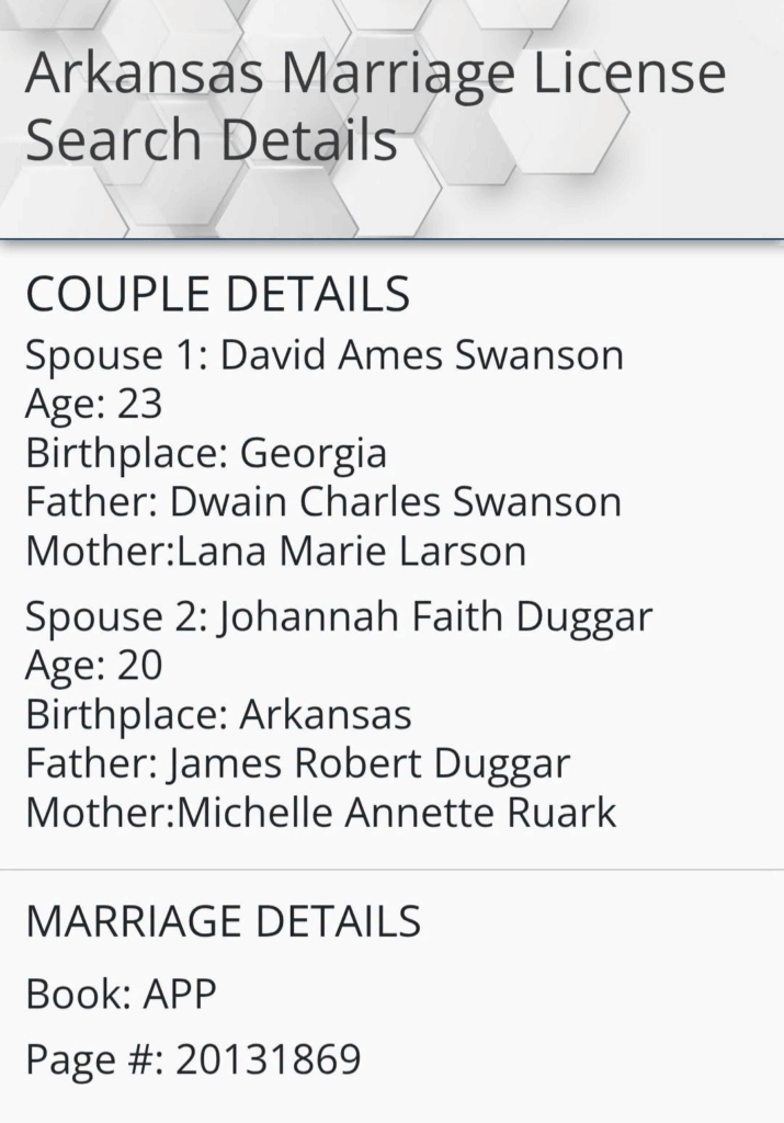 A wedding license application from Johannah Duggar.
