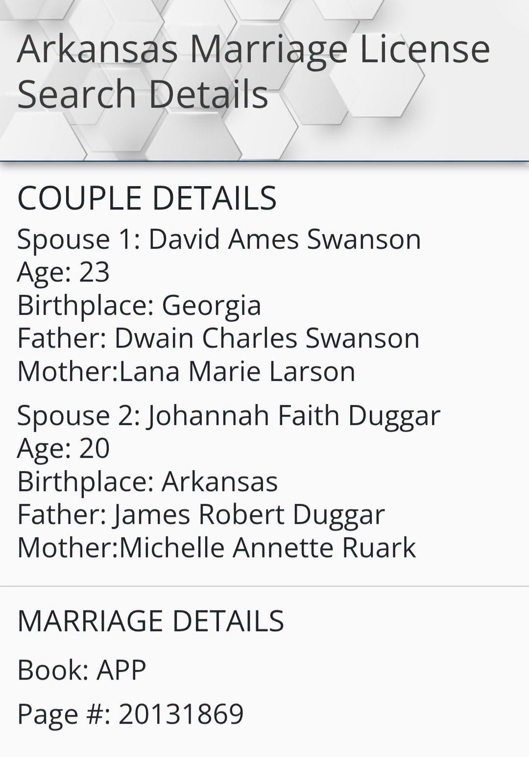 A wedding license application from Johannah Duggar.