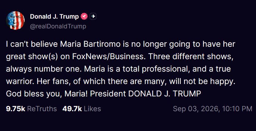 Donald Trump lamented Maria Bartiromo's departure from Fox Business.