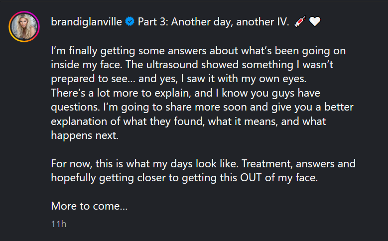 A dark mode screenshot of Brandi Glanville's Instagram caption.