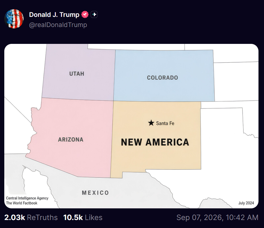 An out of proportion state graphic on Trump's Truth Social depicting New Mexico as New America.