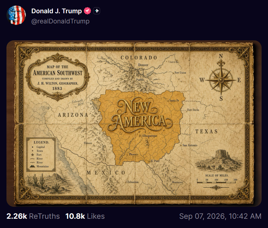AI slop post by Donald Trump about New Mexico as "New America."
