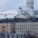 Helsinki cathedral looms over Helsinki harbor.