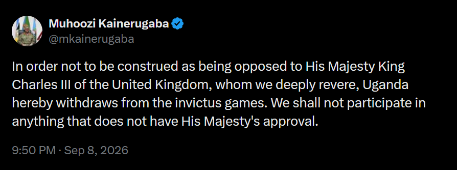 A tweet by General Muhoozi Kainerugaba about Uganda pulling out of the 2027 Invictus Games.