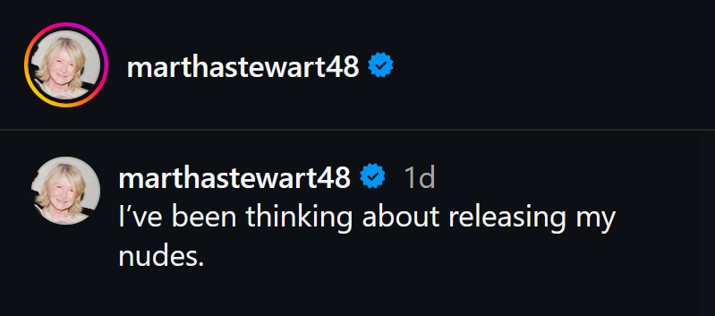 A dark mode Instagram caption screenshot from Martha Stewart