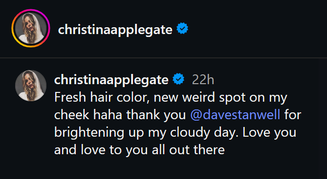 A dark mode screenshot of Christina Applegate's caption on Instagram.