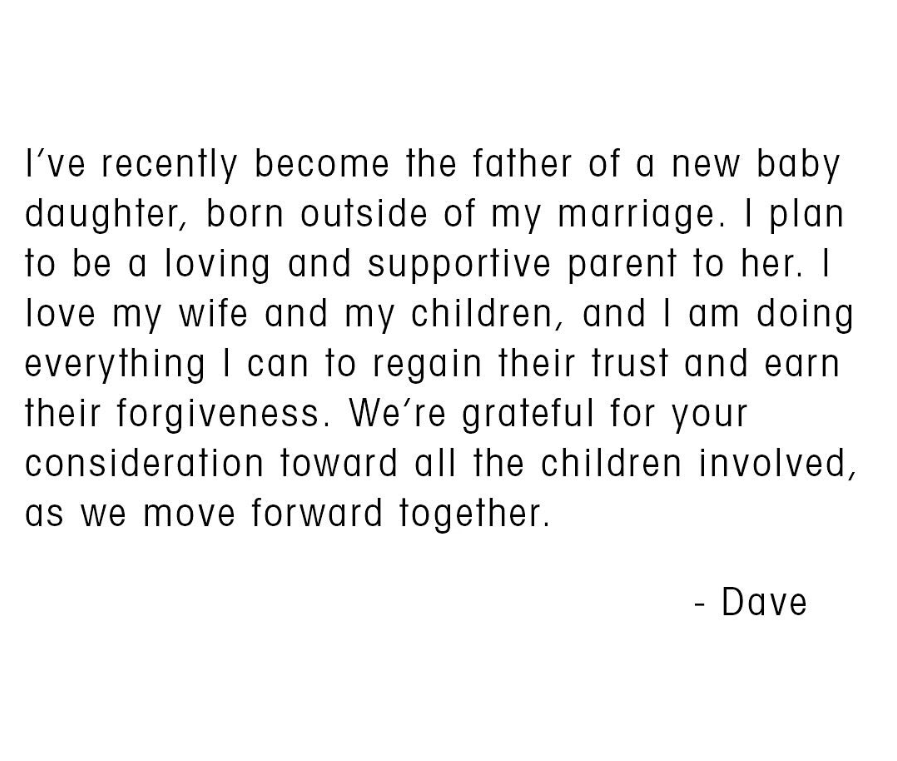A text post from Dave Grohl about cheating and fathering a newborn out of wedlock.