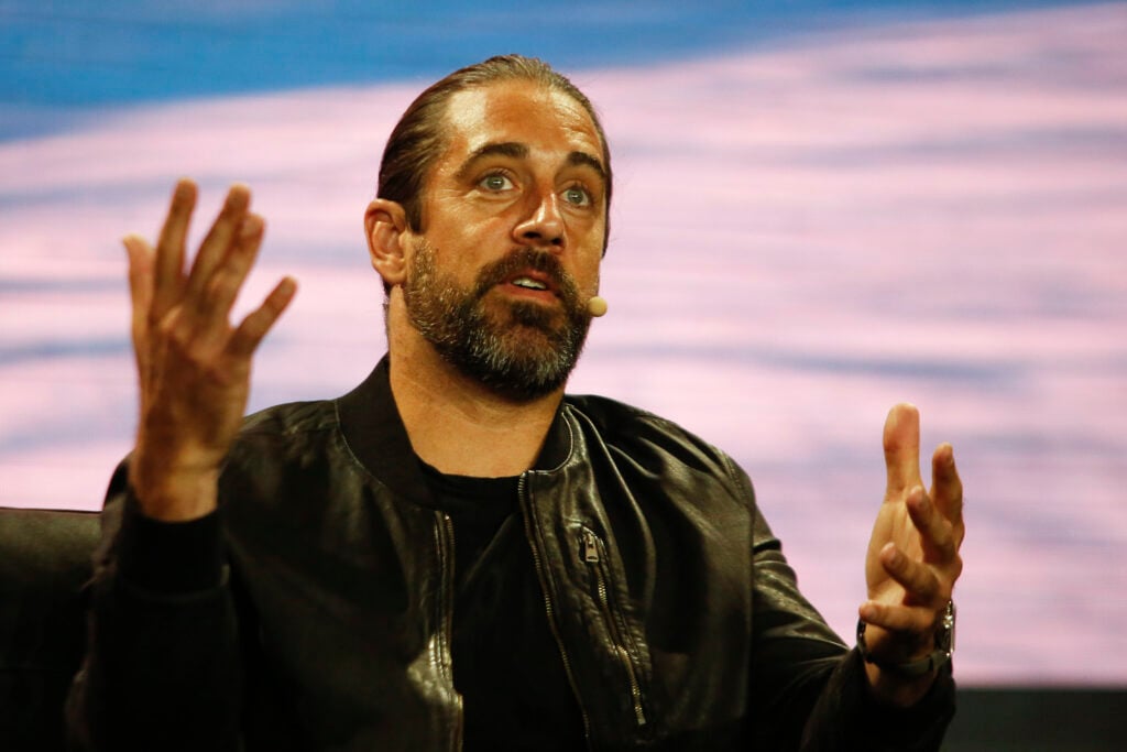 Aaron Rodgers, professional football player, and investor, speaks during the Bitcoin 2022 Conference at the Miami Beach Convention Center on April 7, 2022 in Miami, Florida. 