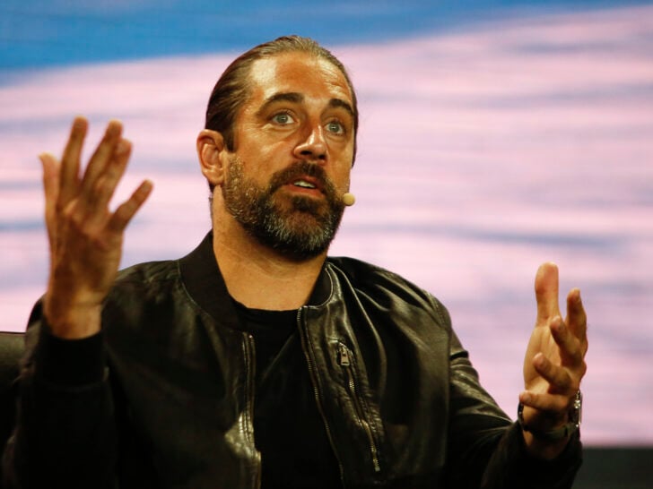Aaron Rodgers, professional football player, and investor, speaks during the Bitcoin 2022 Conference at the Miami Beach Convention Center on April 7, 2022 in Miami, Florida.