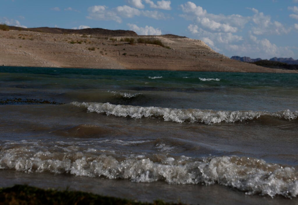 Small waves crash on the banks of Lake Mead on August 31, 2026 in Lake Mead National Recreation Area, Nevada.