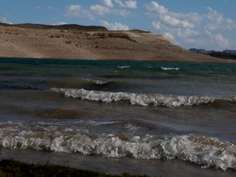 Small waves crash on the banks of Lake Mead on August 31, 2026 in Lake Mead National Recreation Area, Nevada.