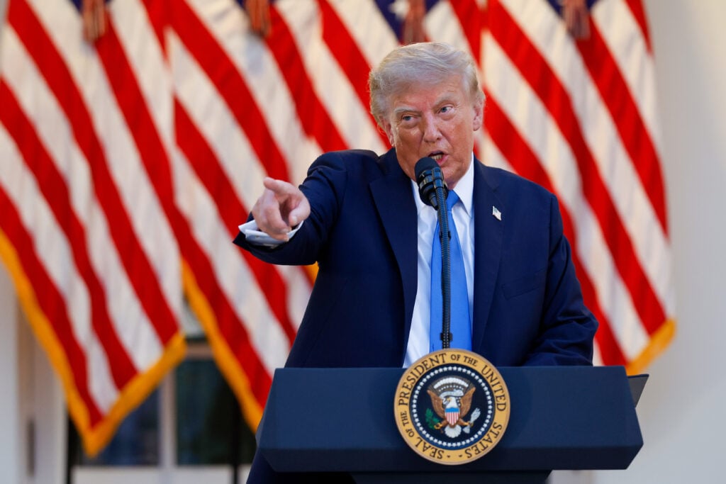 U.S. President Donald Trump speaks as he hosts a dinner in the Rose Garden at the White House on September 02, 2026 in Washington, DC. 