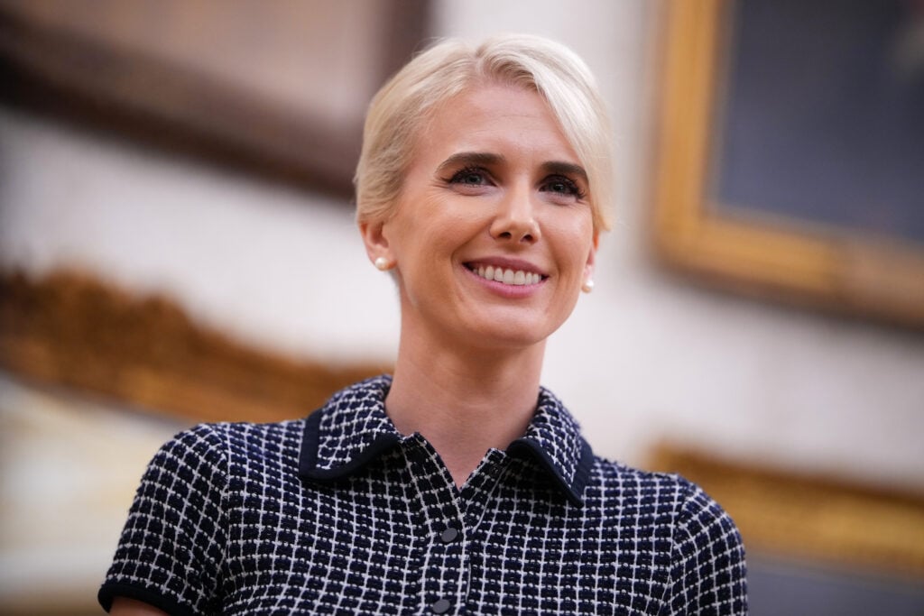 Executive assistant to U.S. President Donald Trump Natalie Harp looks on as U.S. President Donald Trump speaks during an agriculture event in the Oval Office of the White House on September 04, 2026 in Washington, DC. 