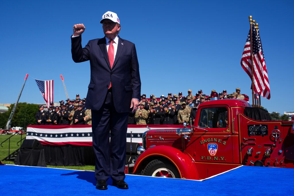 U.S. President Donald Trump departs after speaking during a "Steel Across America" event ahead of the 25th anniversary of the September 11th attacks on the Ellipse near the White House on September 08, 2026 in Washington, DC. 