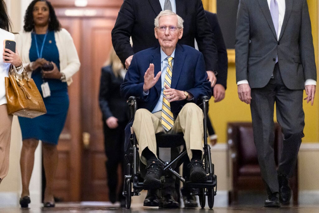 U.S. Sen. Mitch McConnell (R-KY) arrives for a vote at the U.S. Capitol on September 14, 2026 in Washington, D.C. This is McConnell’s first public appearance in over 90 days after he recovered from a fall and illness.