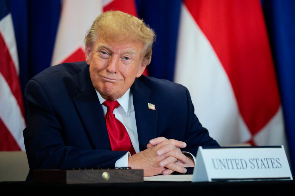 U.S. President Donald Trump looks on during the signing of a security pact between the U.S., Denmark, and Greenland during the 81st session of the United Nations (U.N.) General Assembly at U.N. Headquarters on September 22, 2026 in New York City. 