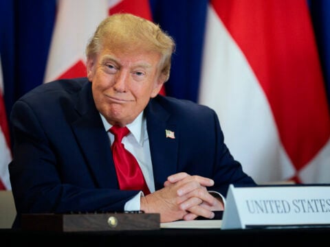 U.S. President Donald Trump looks on during the signing of a security pact between the U.S., Denmark, and Greenland during the 81st session of the United Nations (U.N.) General Assembly at U.N. Headquarters on September 22, 2026 in New York City.