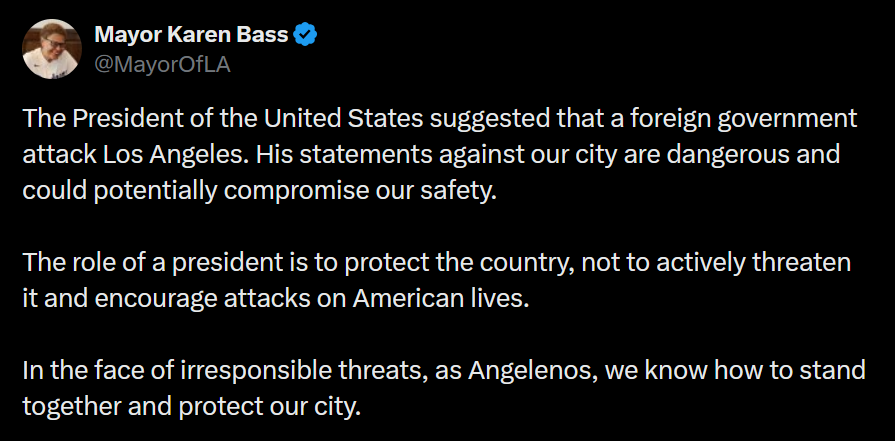 Karen Bass' tweet about Trump's "let them take out LA" comments.
