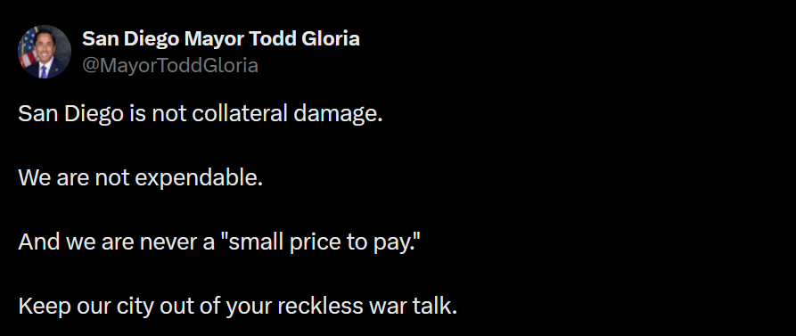 Todd Gloria's tweet about Trump's "let them take out San Diego" comments.