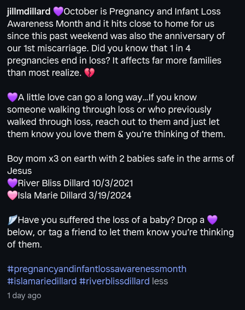 A dark mode screenshot of Jill Duggar's Instagram caption on October 6, 2026.