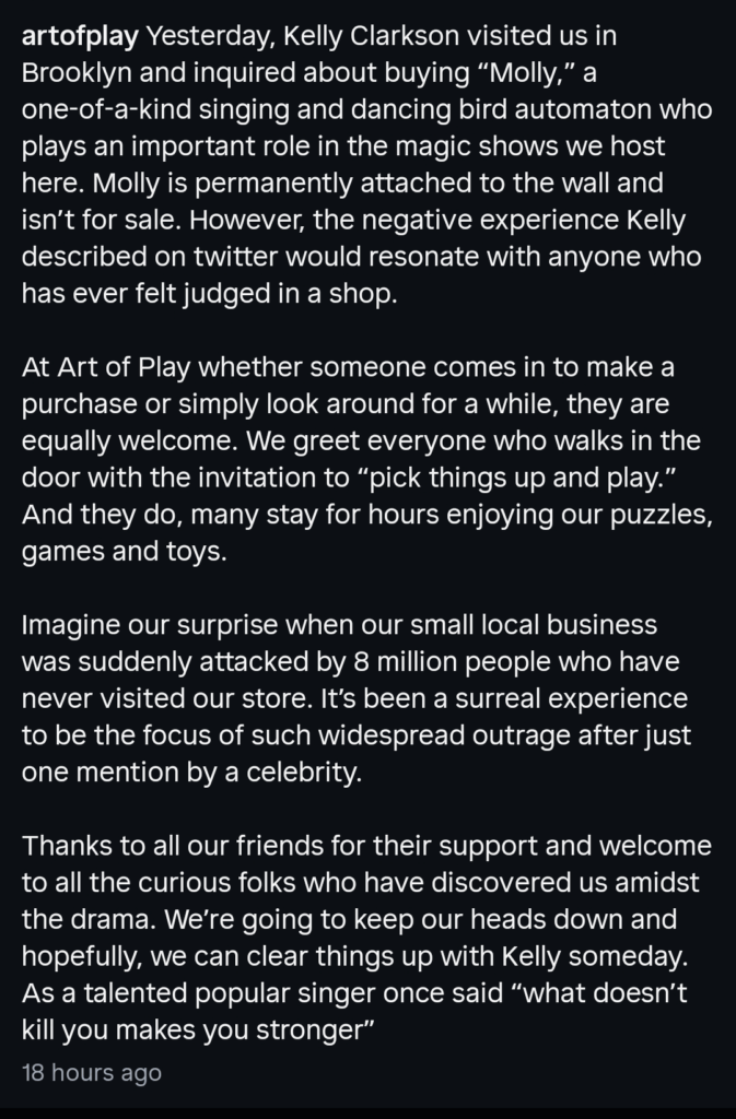 A dark mode screenshot of Art of Play's Instagram explanation.