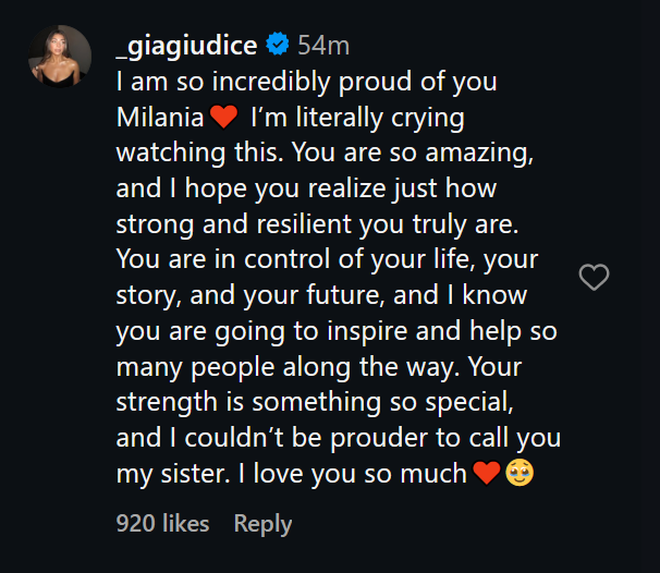 A dark mode screenshot of Gia Giudice's comment under Milania Giudice's Instagram.