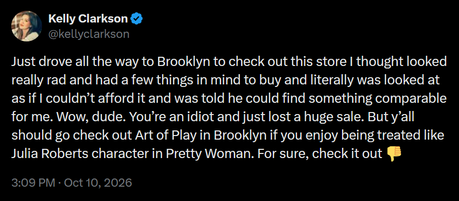 A dark mode screenshot of Kelly Clarkson's tweet about Art of Play on October 10, 2026.