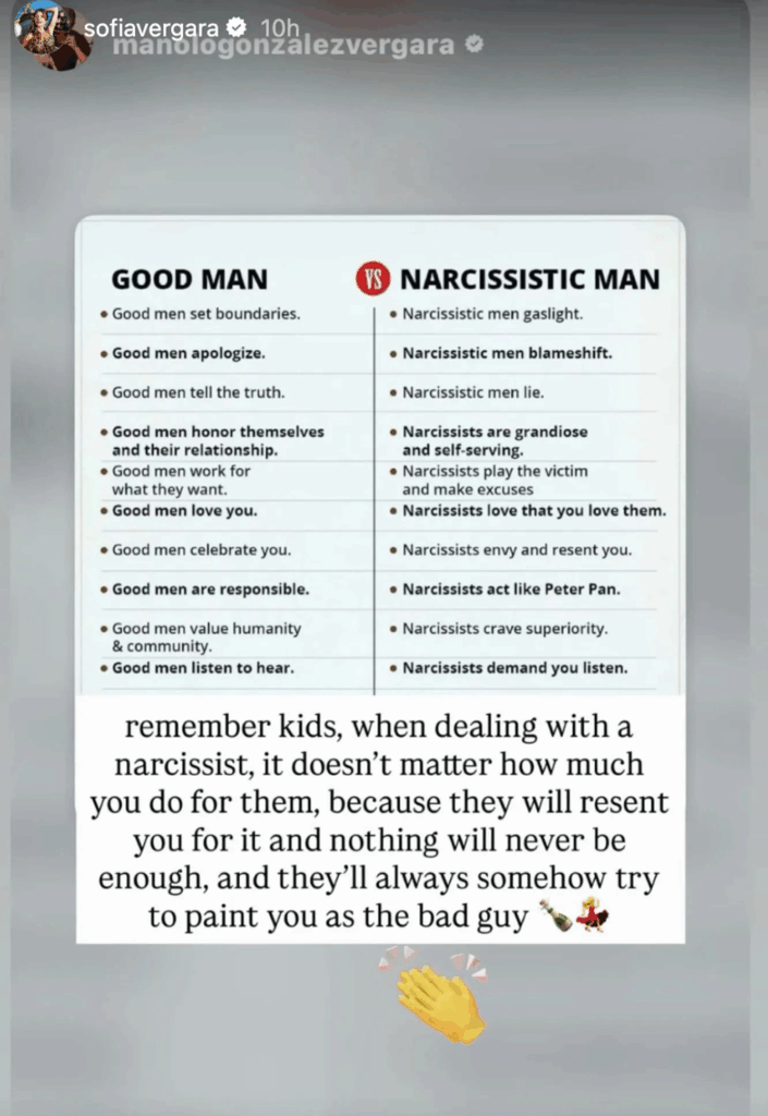 Sofia Vergara's Instagram Story about narcissistic men.