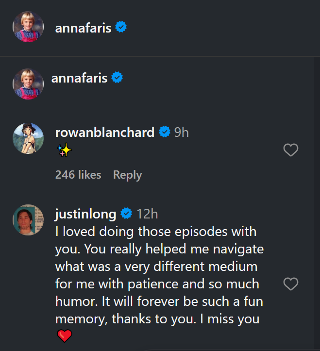 A dark mode screenshot of Justin Long's comment under Anna Faris' post.