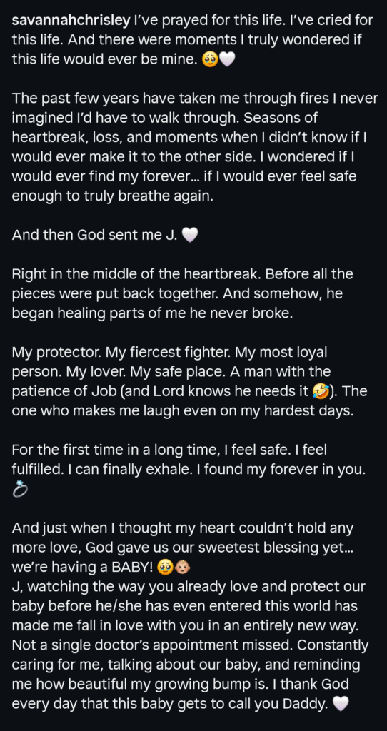 Savannah Chrisley's pregnancy and engagement Instagram caption Part 1 of 2.