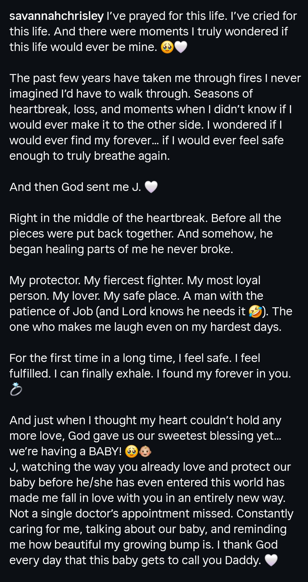 Savannah Chrisley's pregnancy and engagement Instagram caption Part 1 of 2.