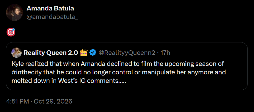 A dark mode screenshot of Amanda Batula's quote-tweet about Kyle Cooke's behavior and motivations.