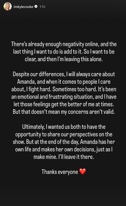 Kyle Cooke's Instagram Story text post on October 29, 2026 after his West Wilson insult.