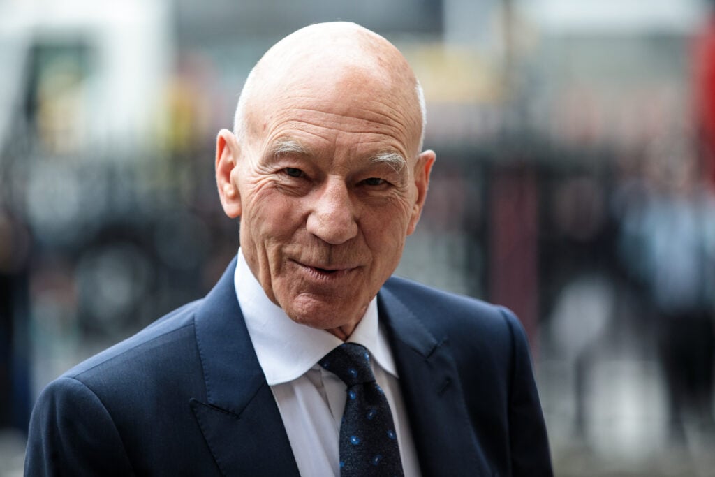 British actor Sir Patrick Stewart arrives at Westminster Abbey for a memorial service for theatre great Sir Peter Hall OBE on September 11, 2018 in London, England.