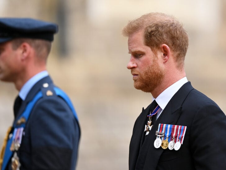 Prince William, Prince of Wales and Prince Harry, Duke of Sussex join the Procession following the State Hearse carrying the coffin of Queen Elizabeth II towards St George's Chapel on September 19, 2022 in Windsor, England.