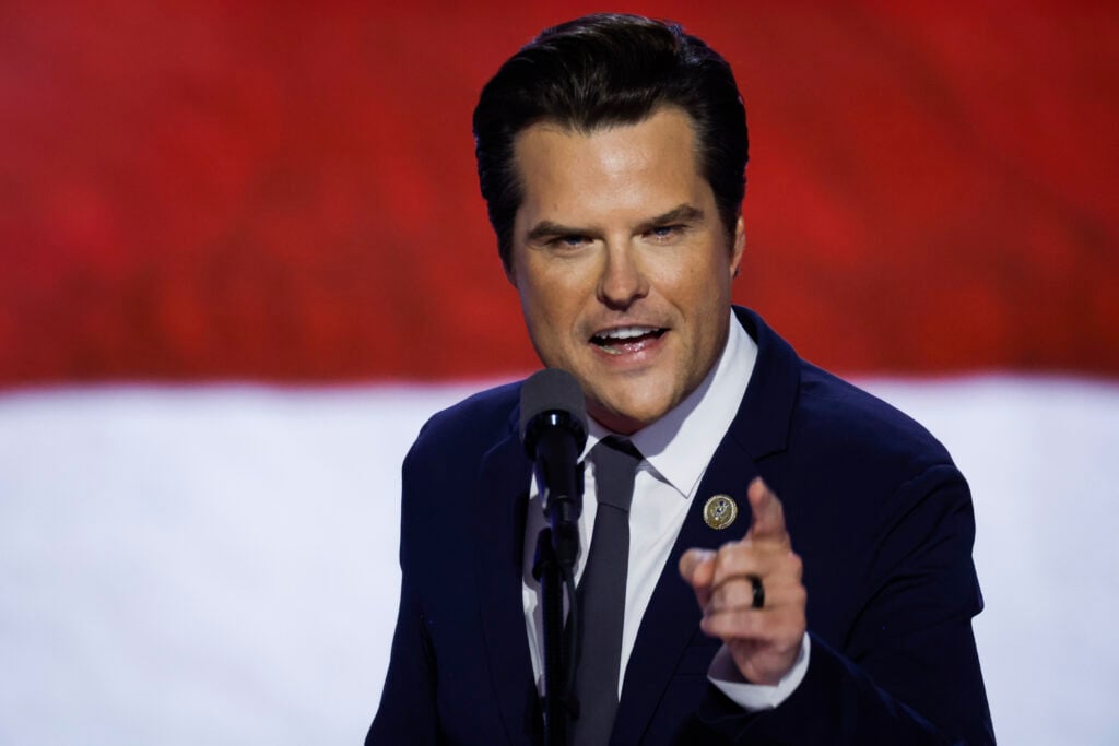 U.S. Rep. Matt Gaetz (R-FL) walks on stage on the third day of the Republican National Convention at the Fiserv Forum on July 17, 2024 in Milwaukee, Wisconsin. 