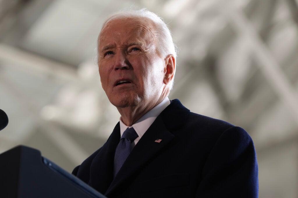 Former U.S. President Joe Biden speaks at Joint Base Andrews following inauguration ceremonies on January 20, 2025 in Joint Base Andrews, Maryland. 