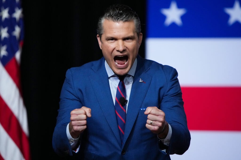 U.S. Secretary of War Pete Hegseth speaks to senior military leaders at Marine Corps Base Quantico on September 30, 2025 in Quantico, Virginia.